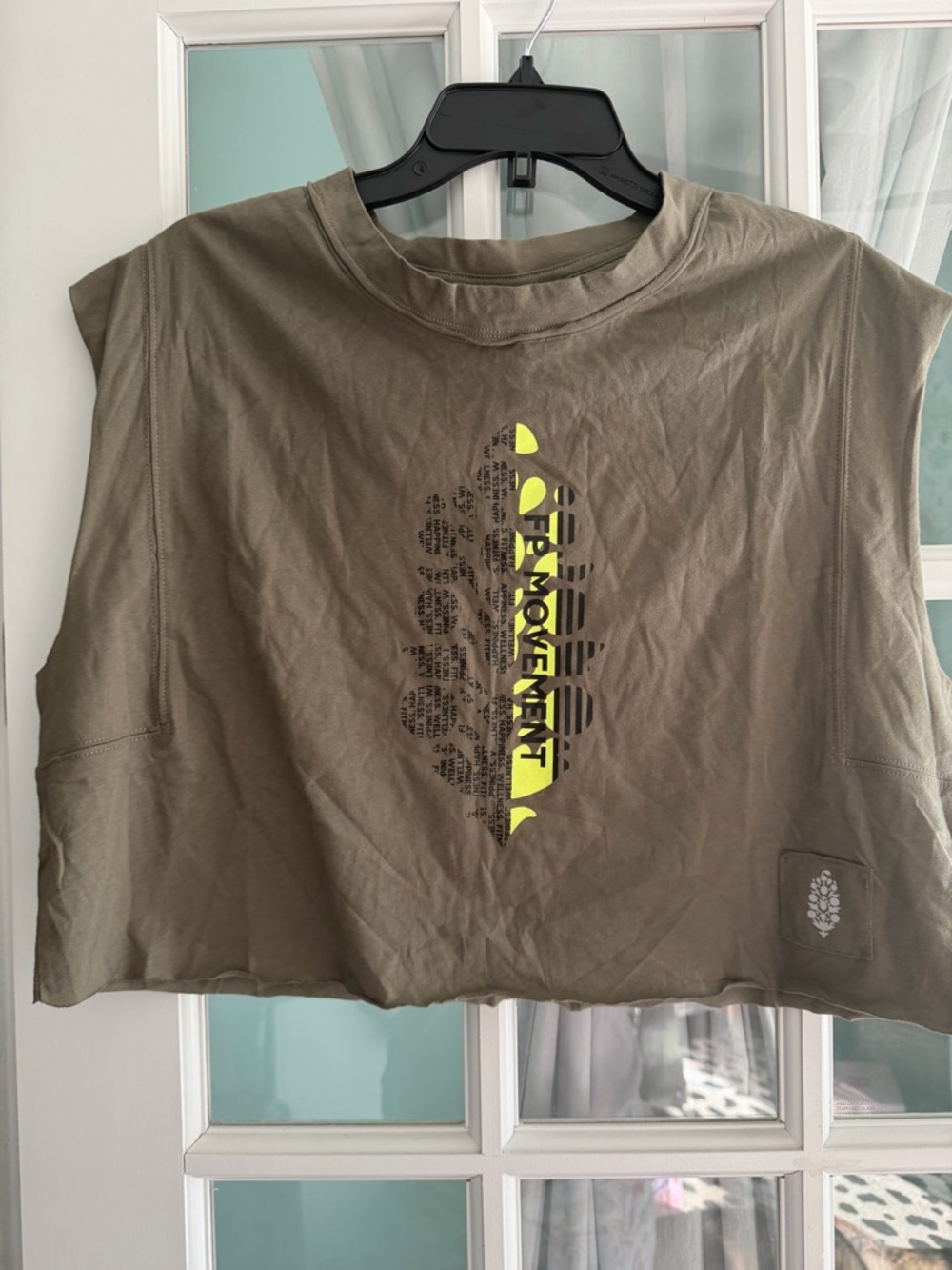 NWT FP Movement by Free People Olive Green Cropped Tank with Neon Yellow Graphic